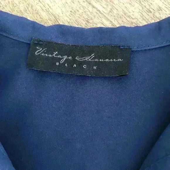 VINTAGE HAVANA V NECK -BUTTON DOWN -TIE WAIST -LONG SLEEVE NAVY - Picture 3 of 11